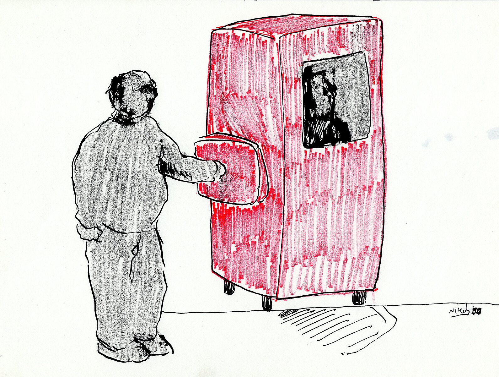 Tekeningen — Jaar 2000 — tekening van een man die met uitgestrekte arm een rode automaat bedient; op de automaat staat een klein scherm met een portret.