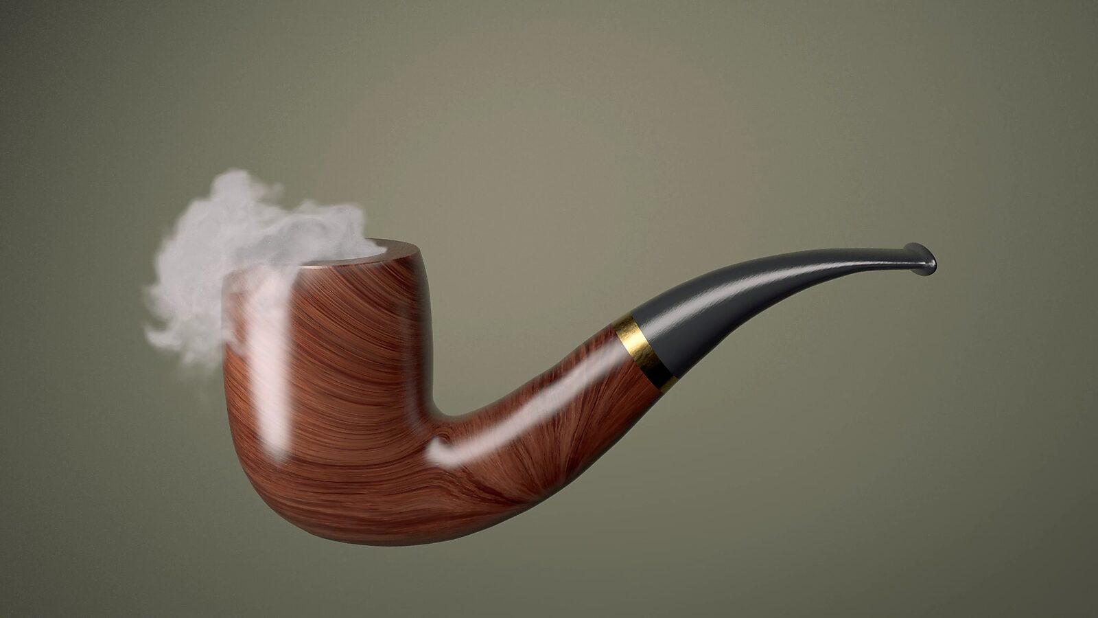 Gerookte Magritte — videostill uit een 3D-animatie waarin de pijp van Magritte begint te roken terwijl de houten textuur zichtbaar uitdroogt en verandert.