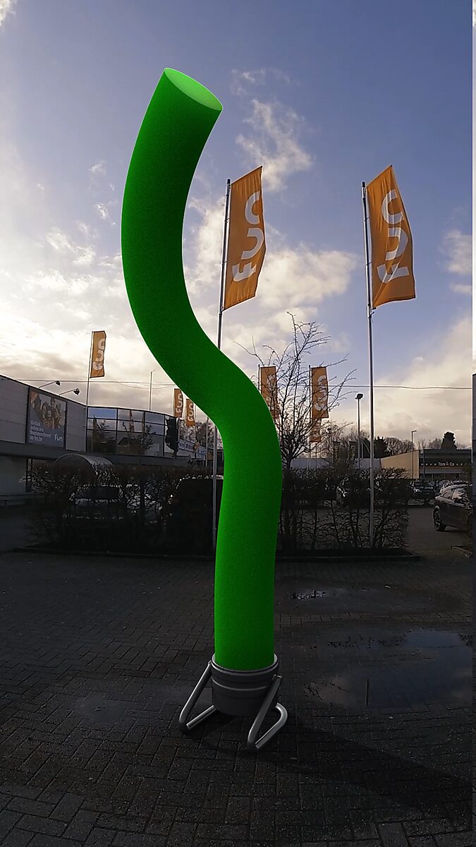 Resistance of a Skytube — videostill in which the skytube forms a deep curve, its flexible form visibly reacting to the imagined wind.