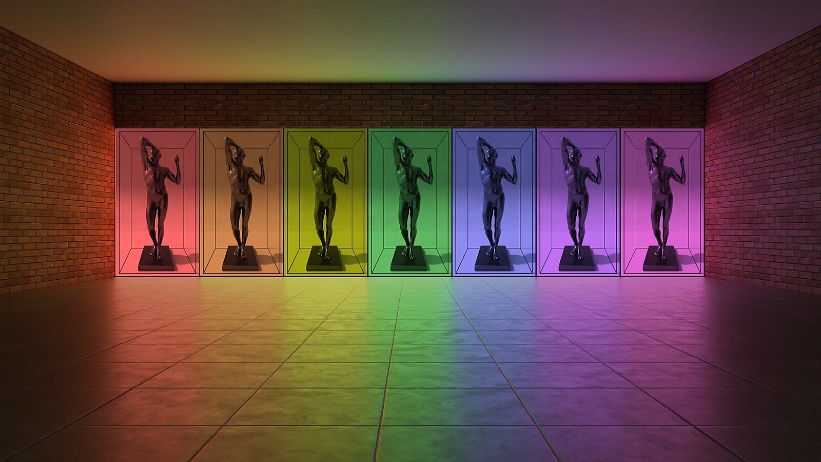 Gebroken volume — videostill van een tentoonstellingsconcept in 3D-animatie met zeven vitrines waarin hetzelfde beeld van links naar rechts geleidelijk uiteenvalt van intacte vorm naar fragmenten, in een ruimte met regenboogkleurige lichtgradatie.