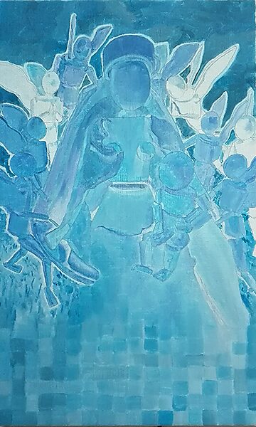 Madonna in flux — olieverfschilderij uitgevoerd in monochrome blauwtonen waarbij het beeld wordt herleid tot licht, contour en atmosferische aanwezigheid.