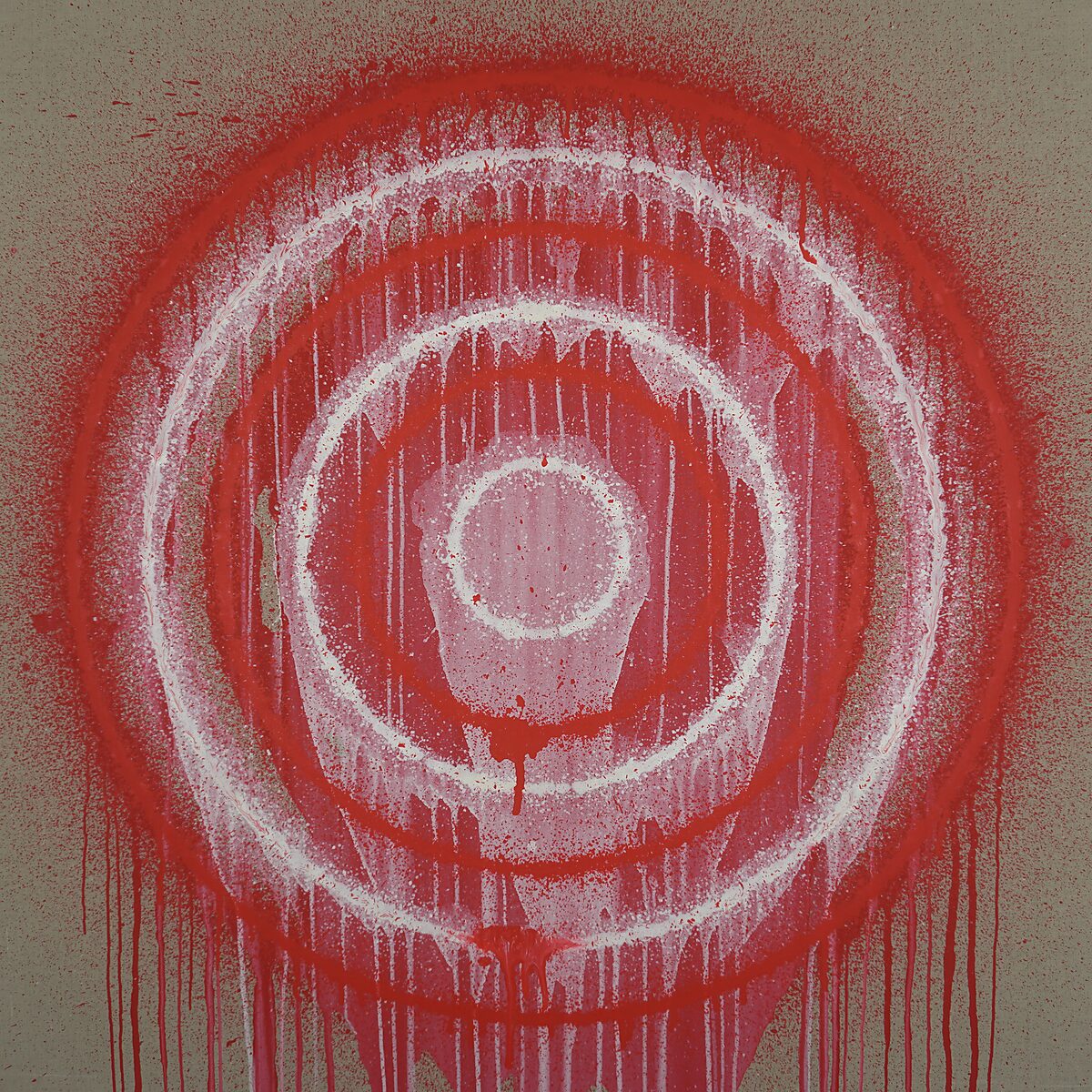 Melting Targets No. 4 — MT.4.5 The Scissors, first layer from MT.3 with red target circles and a faint head shape in the center with paint dripping downward.