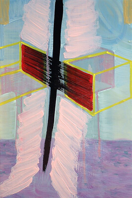 The Canvas and I — oil painting in which two transparent, cube-like forms hover on either side of a black vertical fracture line; red and yellow contours mark tension, as if the canvas itself splits between construction and rupture.