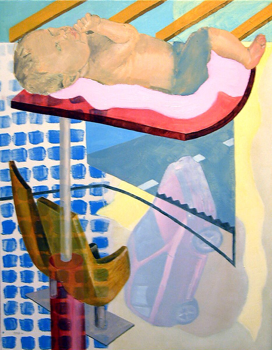 Paintings.zip, Take Care Baby — a baby lies on a raised platform while various transparent and geometric shapes overlap the image; fragments of objects and patterns form a layered composition.