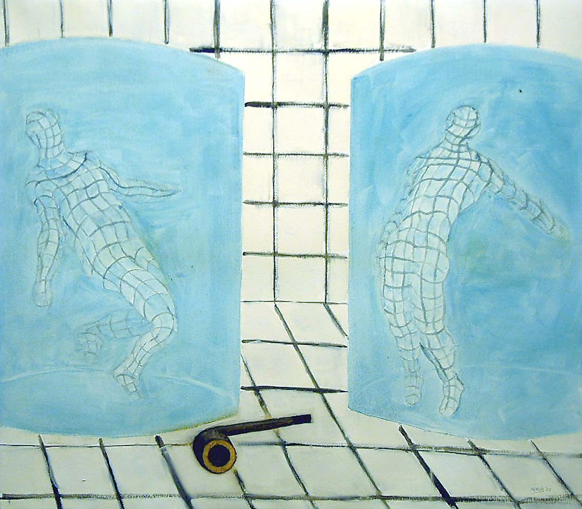Virtual Grids — oil painting in which two light-blue cylindrical planes enclose a drawn grid; the human figures are constructed from a black wireframe like 3D objects in a digital environment, while the painted colour fields and the pipe on the floor mark