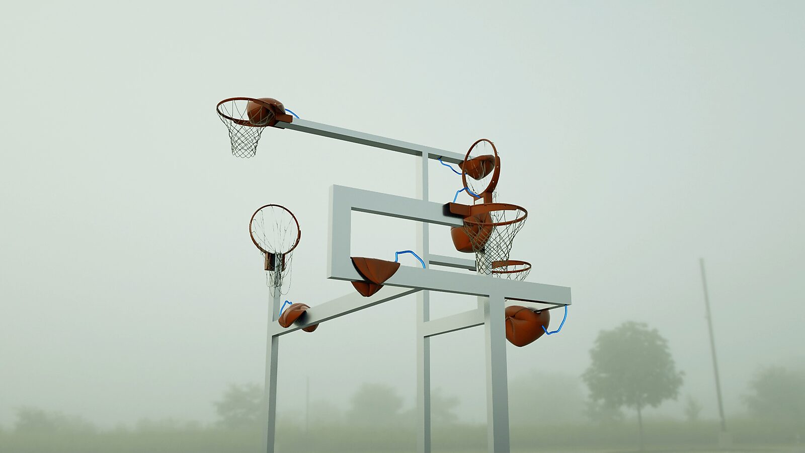 Basketbal in balans — Wachtende Shots — videostill 3D-animatie sculptuur: de compositie wordt dichter en complexer met overlappende ringen en vervormde basketballen die klem zitten in het frame.