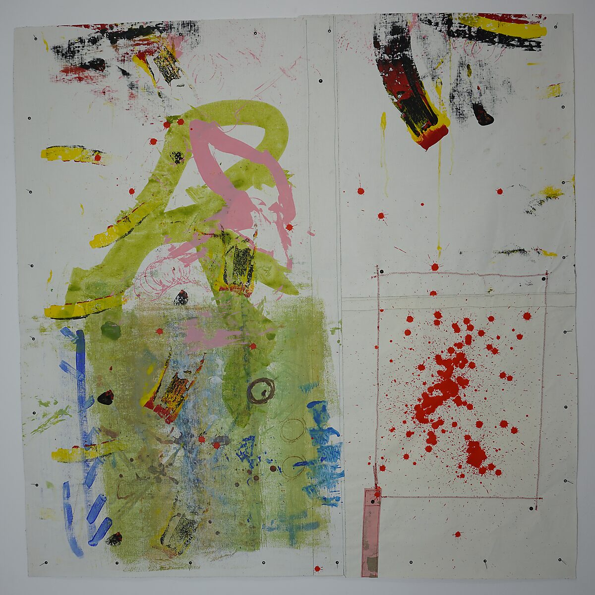 Signature of a Rhinoceros — process photo: the final canvas with paint splashes and abstract forms on which the drawing will later be placed.