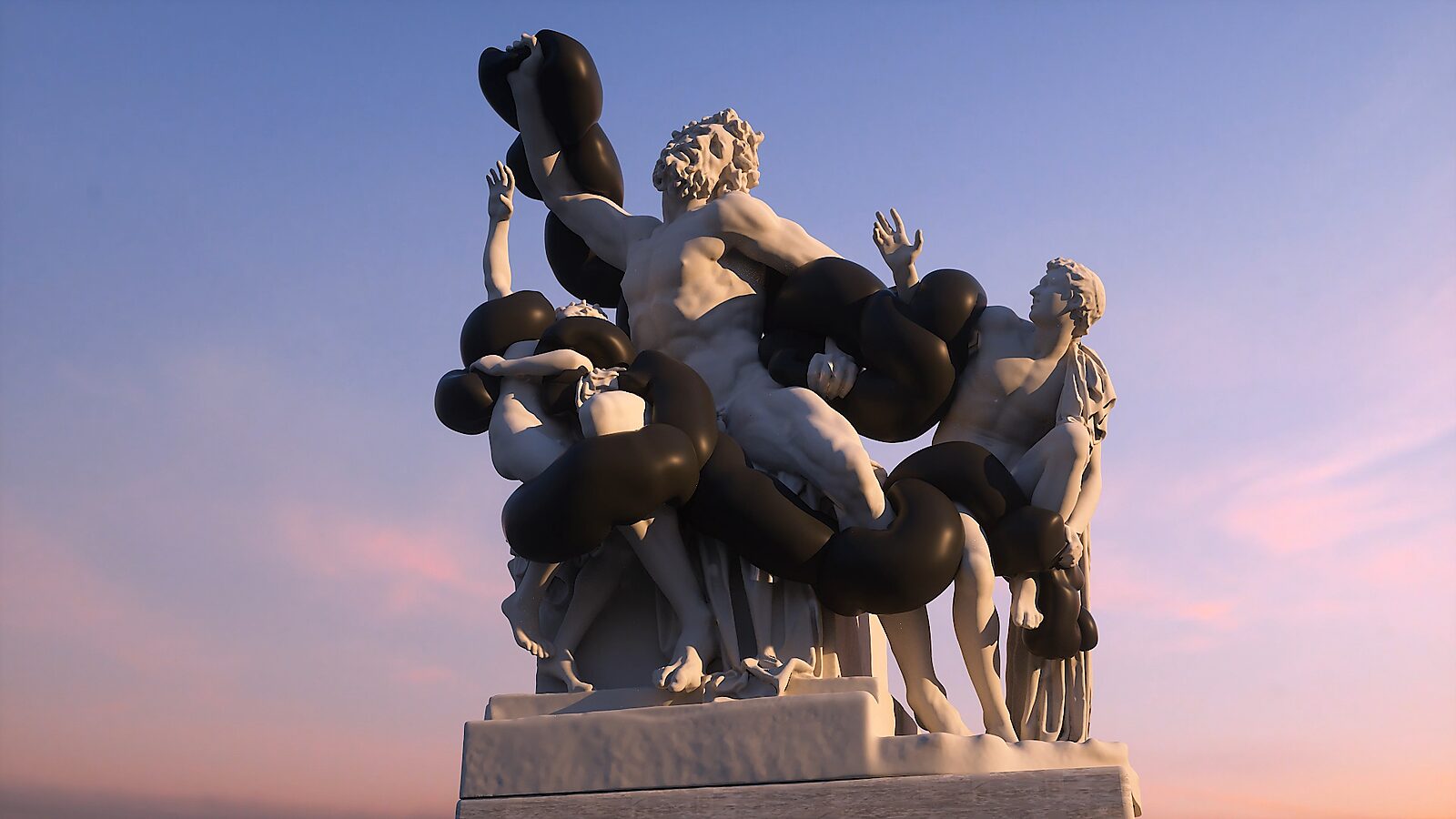 De slang van Laocoön — videostill uit een 3D-animatie: de slang wordt dikker en vormt zware, zwarte lussen rond de lichamen van Laocoön en zijn zonen.