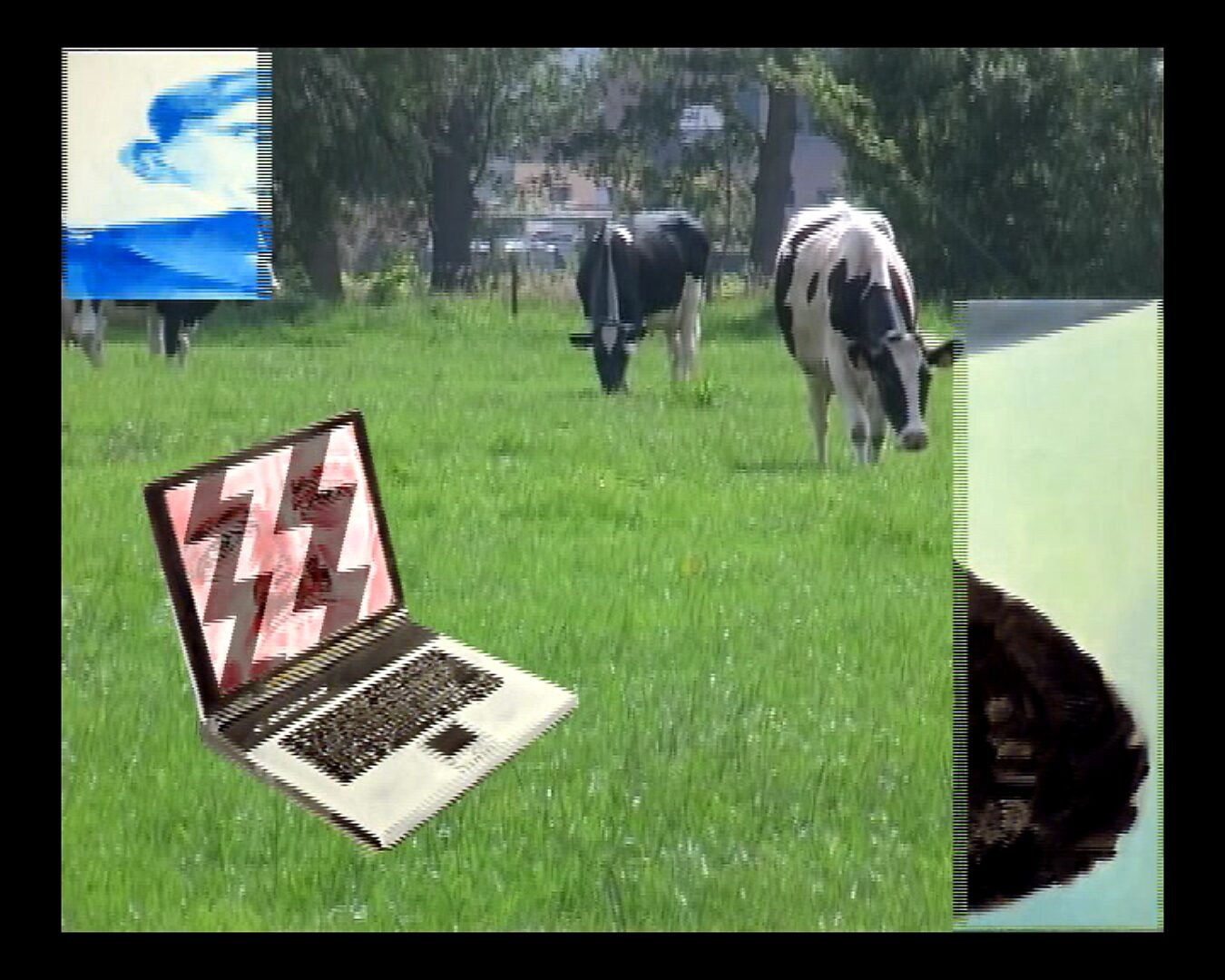 Living Canvas — Scanning Cows for the Next Revolution — video still in which fragments of the blue painted field and the painted face appear along the edges of the image while the laptop stands in the meadow.