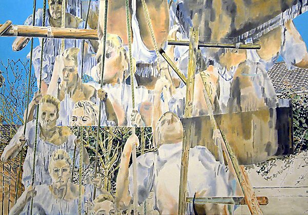 Television Series, Condensed Time — Swinging Garden — painting composed of combined television stills showing a woman on a swing in a garden; different moments of the movement appear simultaneously, allowing time to remain present as layered repetition on