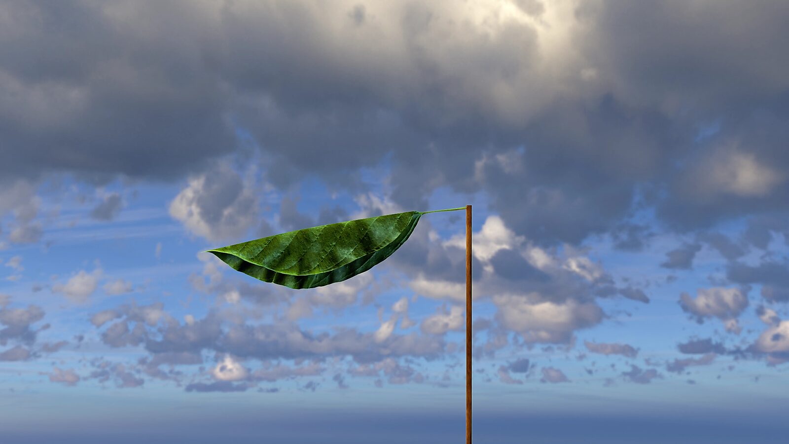 Virtual Transformation — Farewell Nature: video still from a 3D animation; the leaf returns to a horizontal position, yet remains a constructed, artificial element within a natural setting.