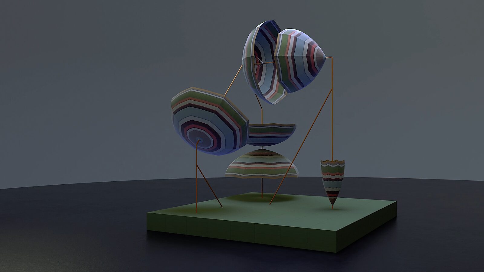 Paraplu — videostill uit een 3D-animatie: de vormen draaien rond de paraplu en openen zich als schalen en kegels met gekleurde concentrische strepen.
