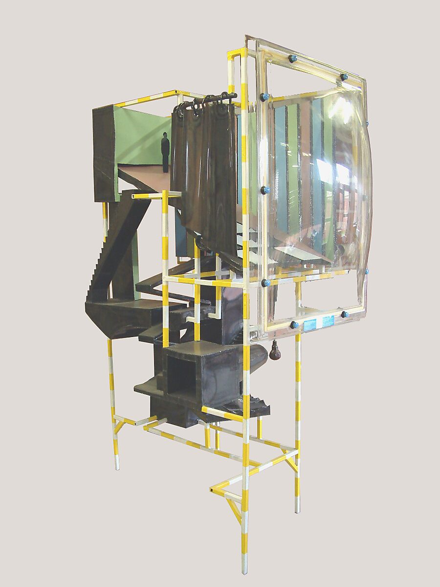 Experimental Setup for Flat People — first presentation of the sculpture in a multicoloured version, constructed as an architectural structure with stairs, passages and transparent planes guiding the body through a controlled trajectory.