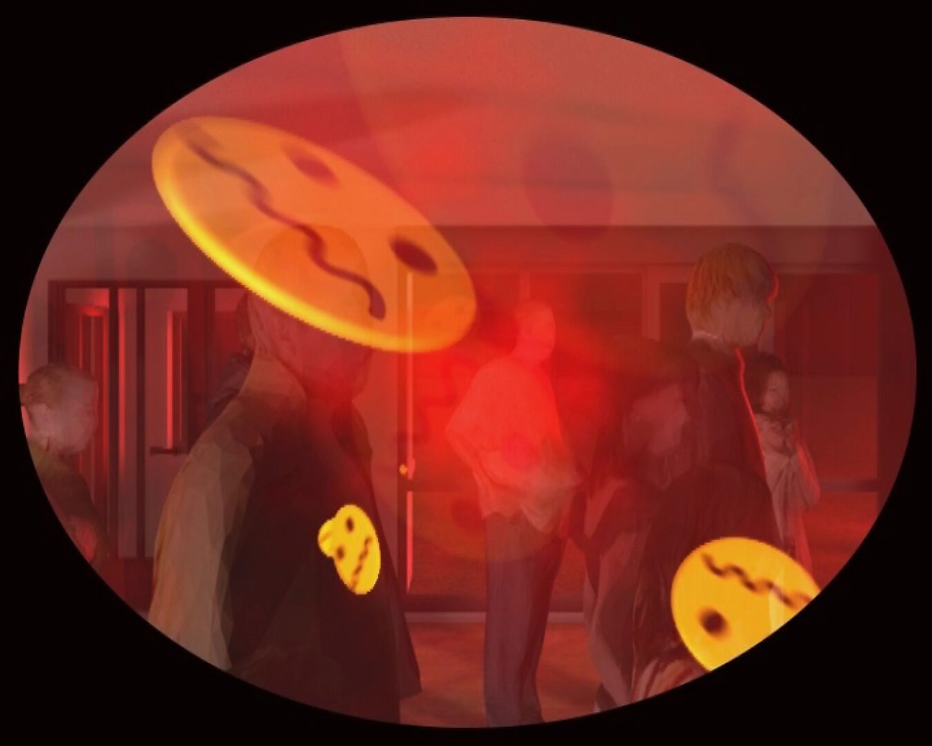 De moderne holbewoners — een groep mensen staat in een interieur badend in rood licht; bewegingsonscherpte en transparante lagen suggereren desoriëntatie, terwijl emoji-symbolen door de ruimte zweven als visuele ruis.