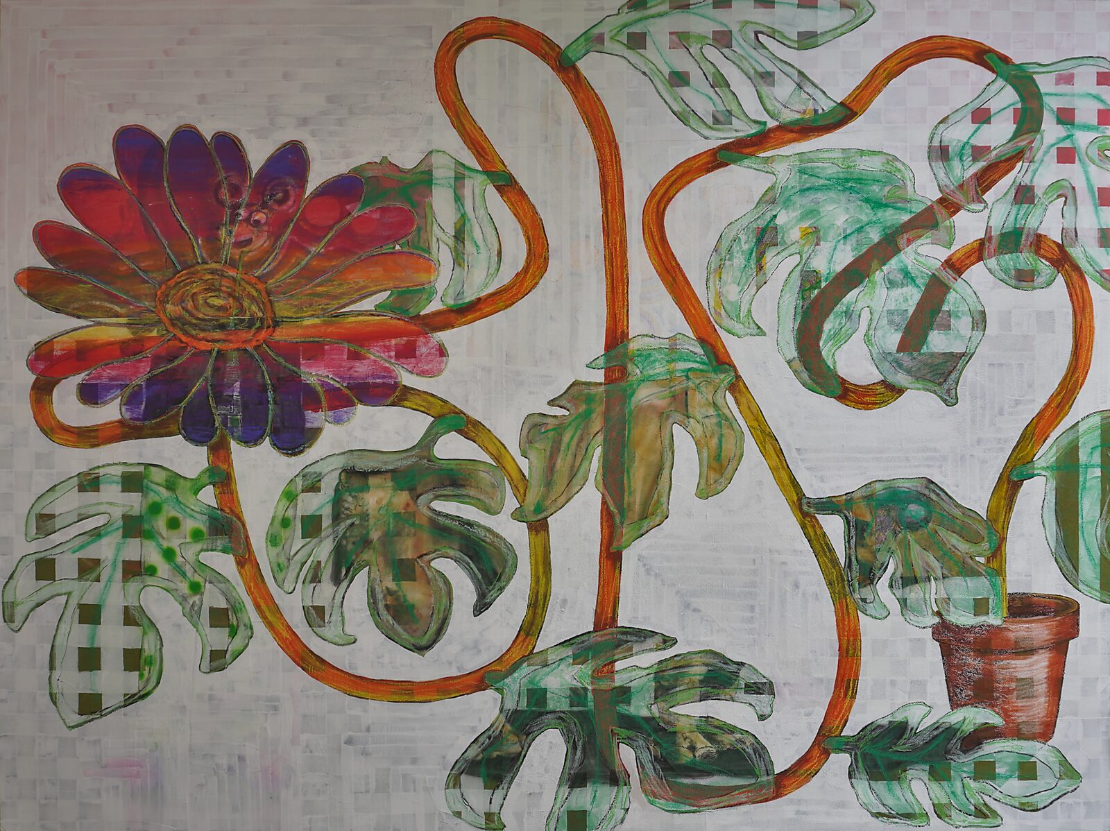 Drawing in Motion — videostill of a large flower and curling plant stems with green leaves; on the right stands a flower pot while the background shows a grid-like pattern.