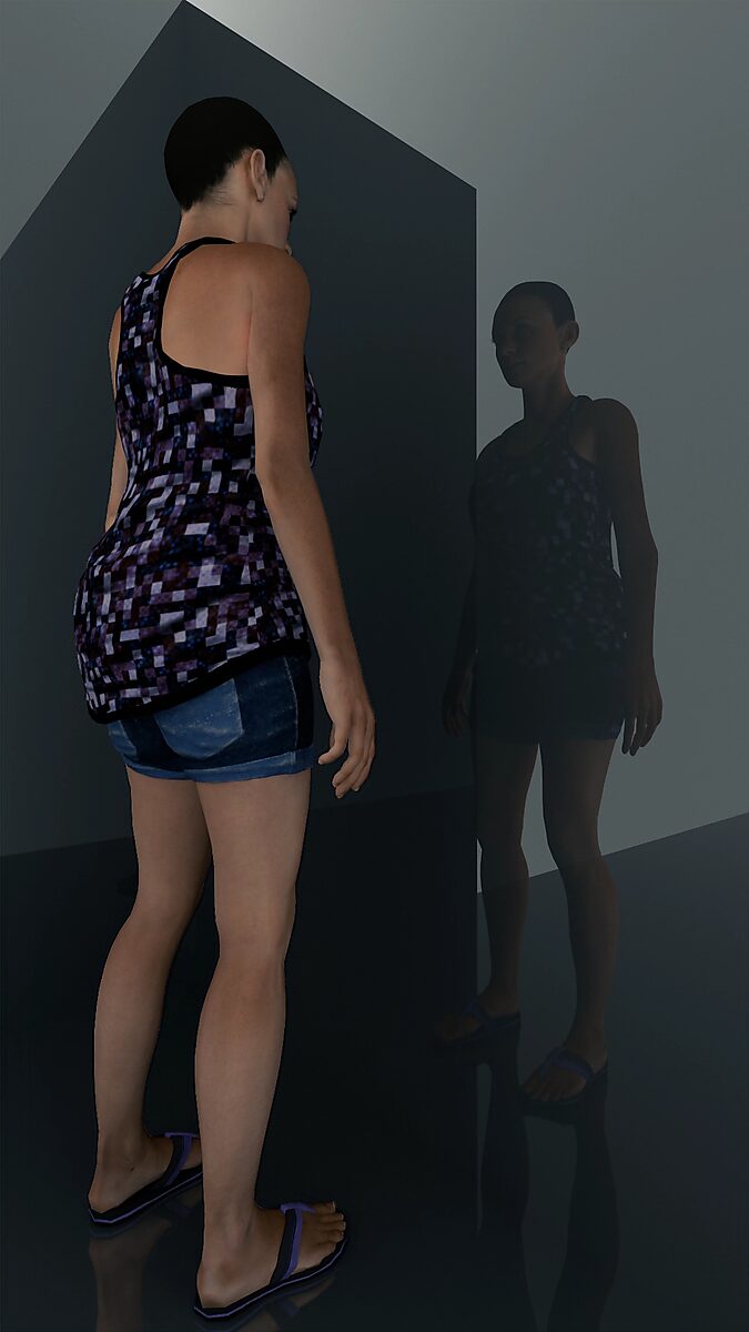 Virtuele transformatie — Stap in het niets: videostill uit een 3D-animatie; een vrouw staat voor een donker, spiegelend vlak in een minimalistische ruimte, haar reflectie zichtbaar maar vervaagd in het oppervlak.