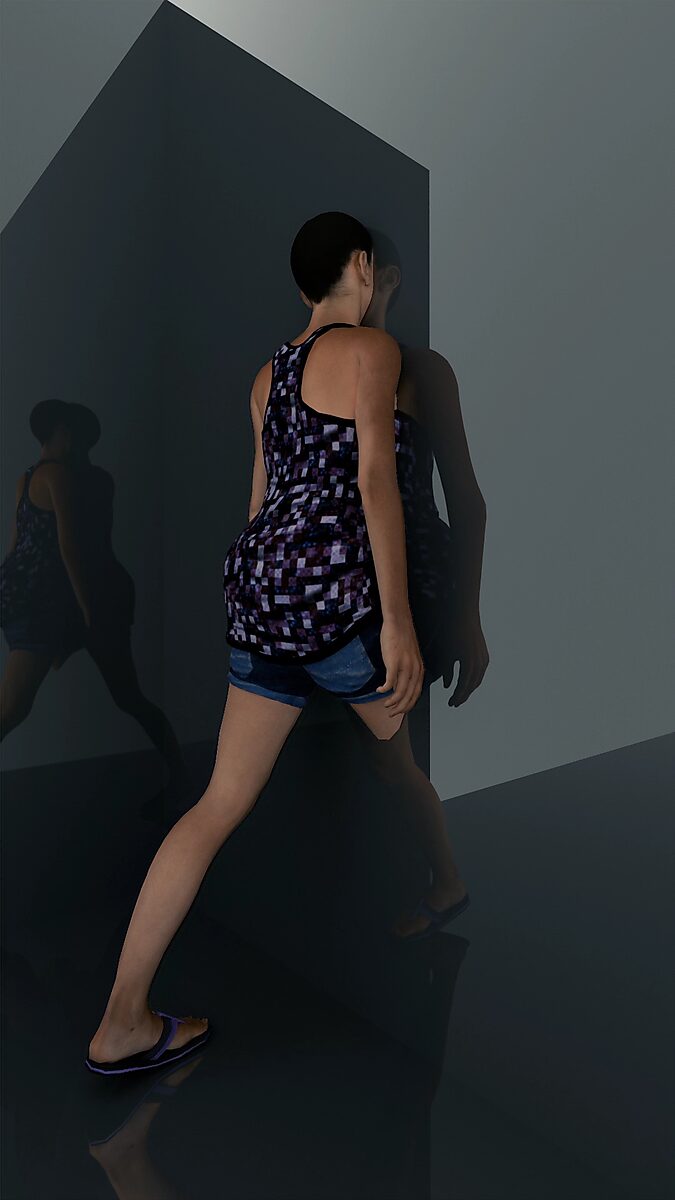 Virtual Transformation — Step into Nothing: video still from a 3D animation; the woman moves through the plane as if entering the surface, her body and reflection merging into a dissolving boundary between space and image.