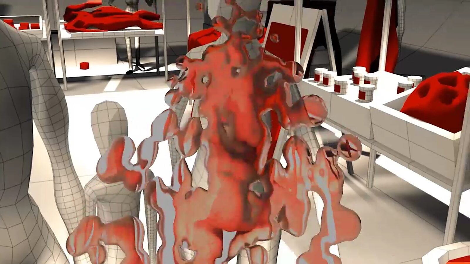 The Meat Market — close-up of floating, glossy red fragments in front of market stalls; the digital grid of the environment remains visible while the blood-red material is presented as a tangible substance within a virtual economy of flesh.