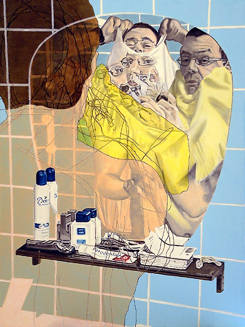 Television Series, Condensed Time — painting based on television stills of the artist shaving in front of a mirror; different fragments of the face and gestures appear simultaneously, allowing the everyday moment to unfold across time.
