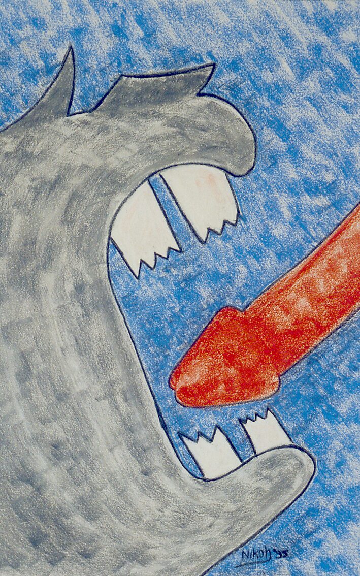 Signature of a Rhinoceros — process photo: Rhino’s Revenge (1995) — older chalk drawing of a rhinoceros head with an open mouth and a red shape entering it against a blue background.
