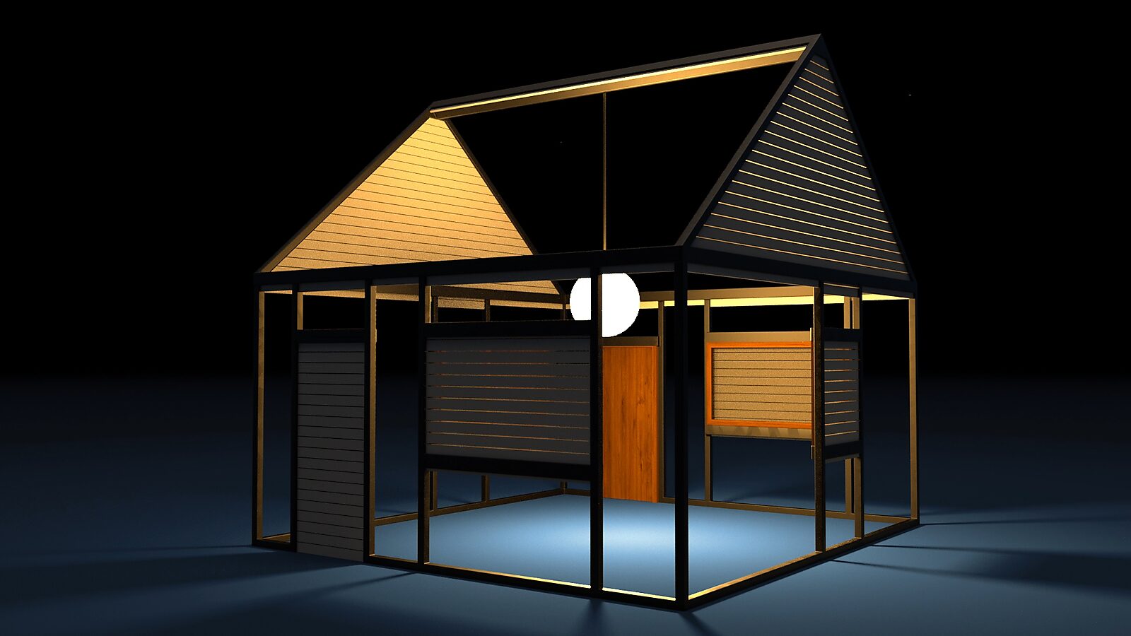 Between Open and Closed — videostill from the animation Closed or Open House: multiple shutters are open, revealing part of the interior with a door and a round light source.