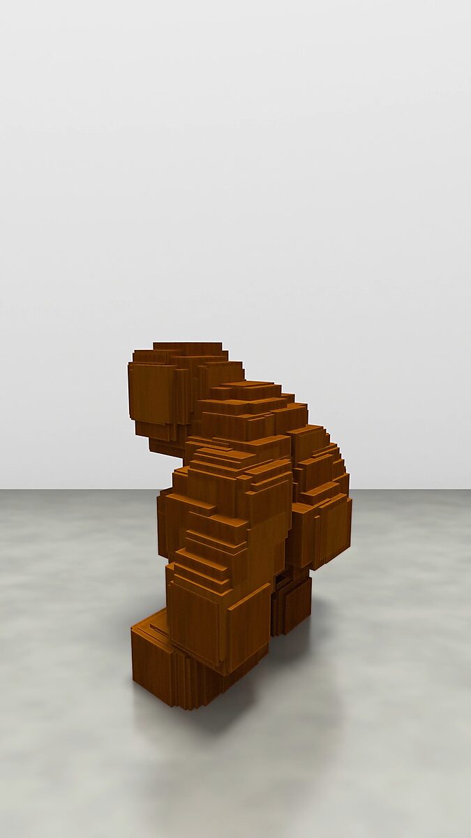Virtual Transformation — Antony is Getting Up: video still from a 3D animation based on sculptures by Antony Gormley; the figure leans forward in an intermediate stage, as if rising from a kneeling position, composed of layered rectangular volumes.