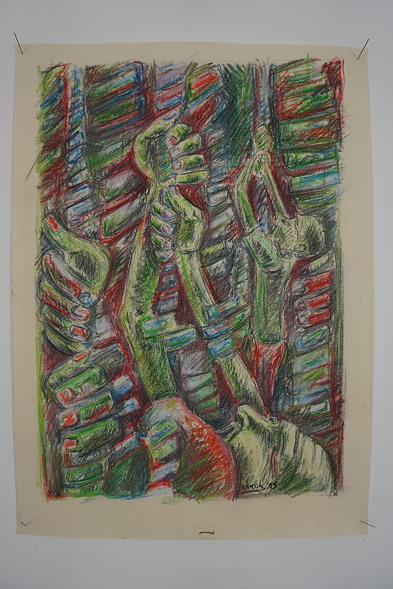 Benoemens-waardvlinders — Naming–Value Butterflies — proces tekening: Hangende man (1995) — grote potlood- en kleurpotloodtekening van een man die aan een touw hangt tussen dicht opeengepakte vormen en handen.