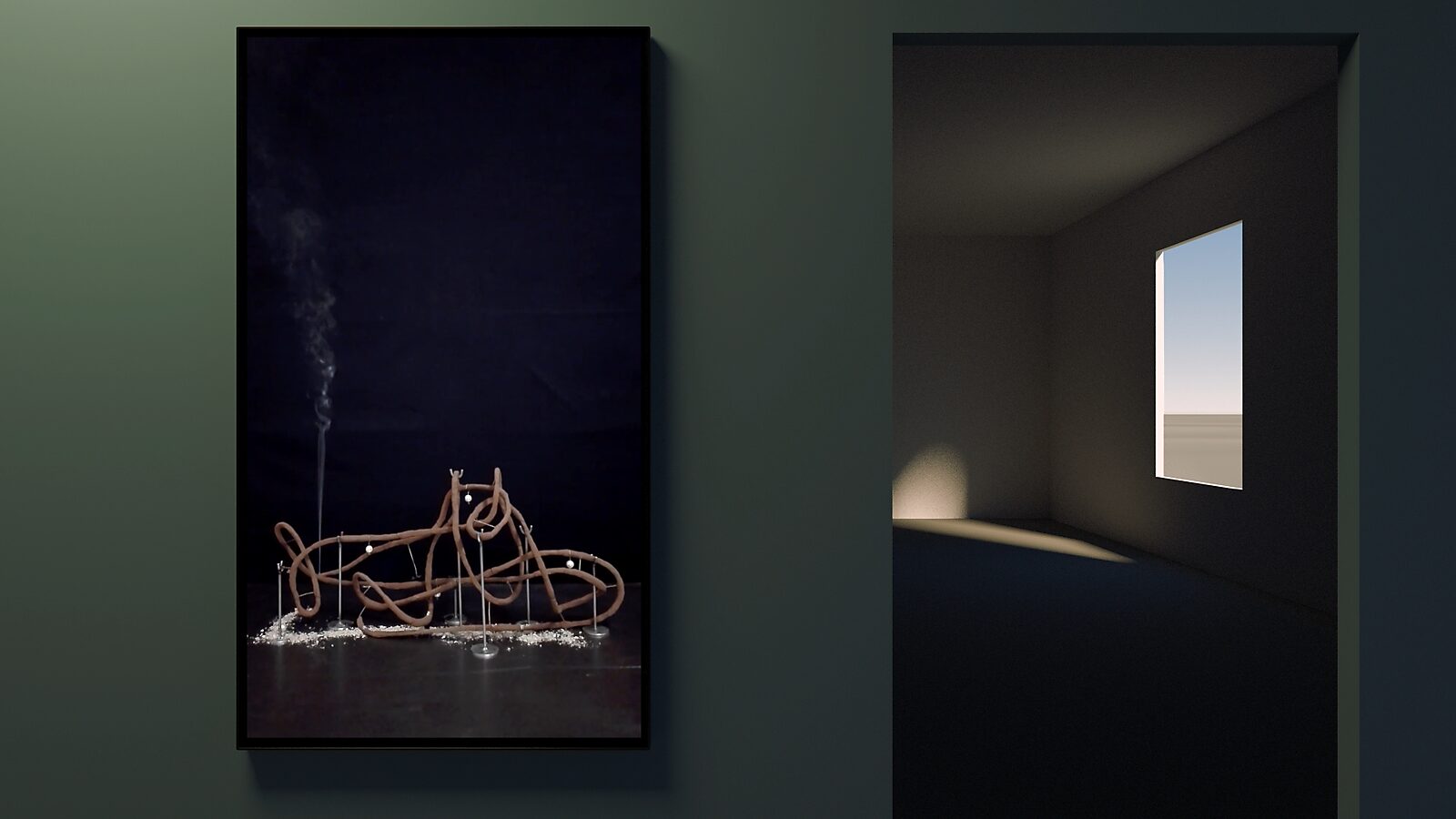 Shipbuilding — videostill uit een 3D-animatie van een tentoonstellingsconcept: de wierooksculptuur brandt verder en rook stijgt op terwijl het zonlicht in de virtuele ruimte verder over de vloer schuift.