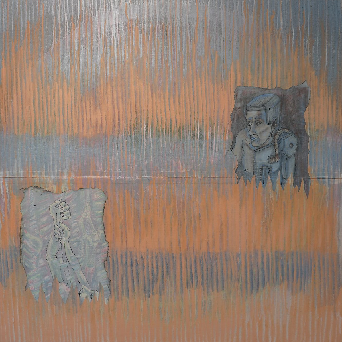 The Divider — process photo: drawings fixed permanently onto the canvas and partly painted over.