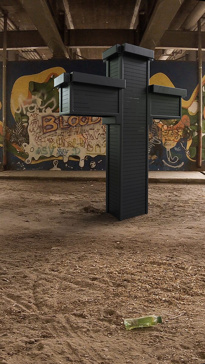 Tussen open en dicht — videostill uit de animatie Transfiguratie: een Christusbeeld met uitgestrekte armen staat in een constructie van metalen kaders onder een brug; achter het beeld staat een muur met graffiti.