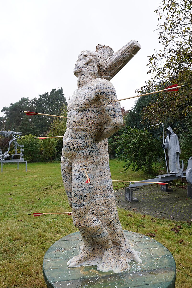 St. Sebastian with Birds No. 3 — process photo of the first casting in the artist’s garden, with arrows inserted through the body of the sculpture.