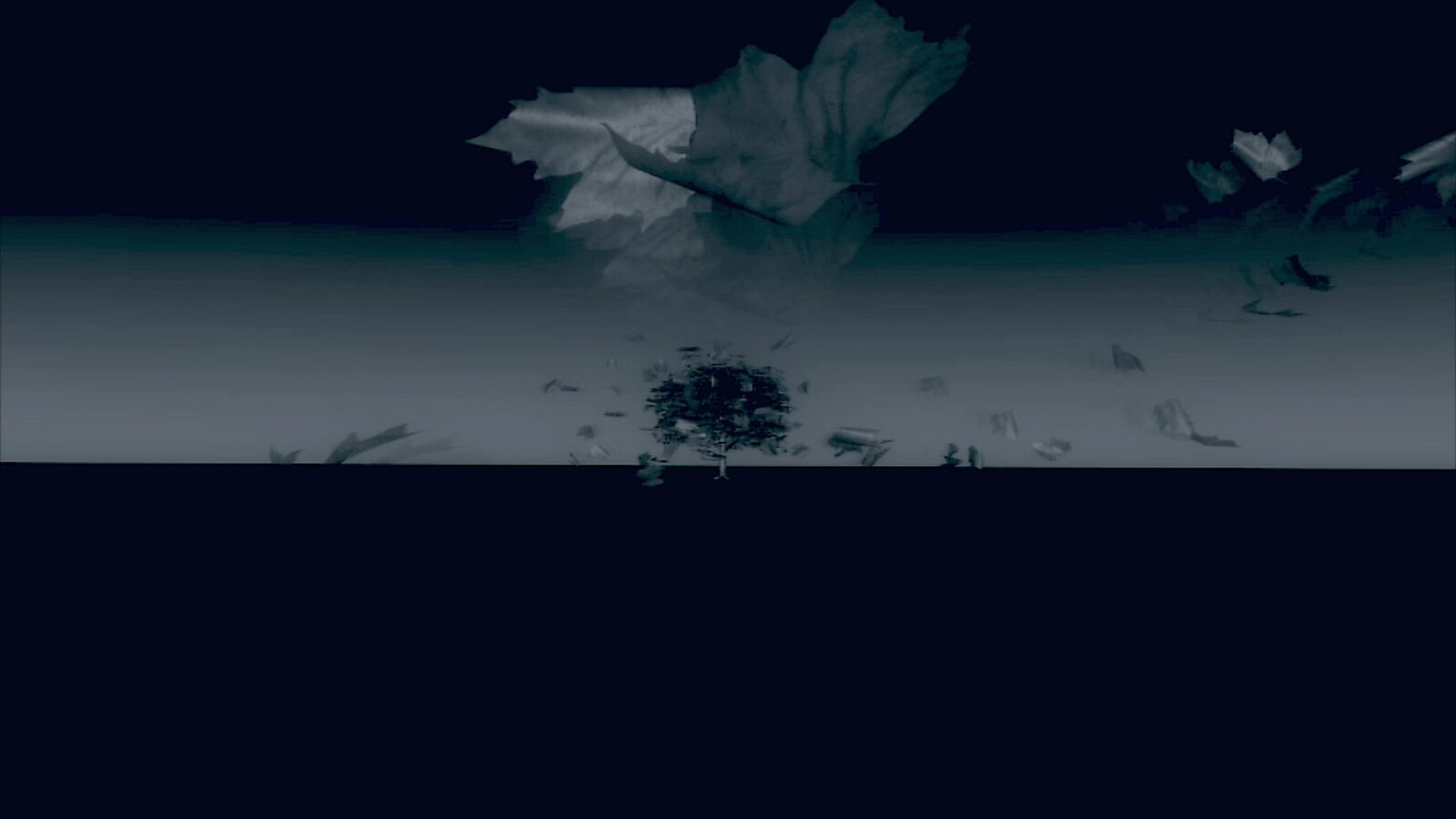 Virtual Transformation — The Runner — video still of a 3D animation where a face becomes visible among leaves in a dark environment.