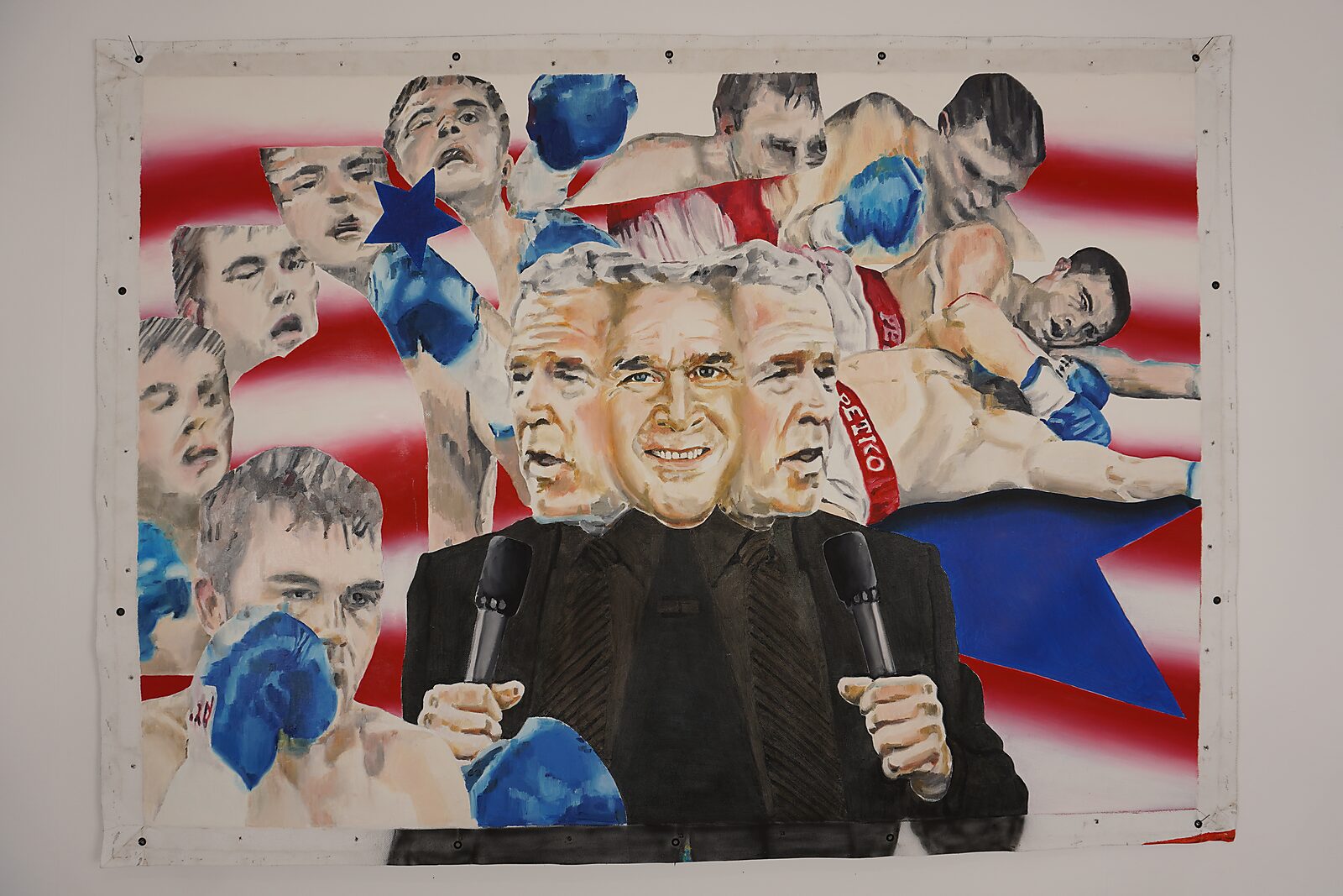 Television Series — You with Your Beauty You Just Knocked Me Out — painting composed of television stills in which a presenter and a boxer appear in different moments of motion against a background of red and white stripes.