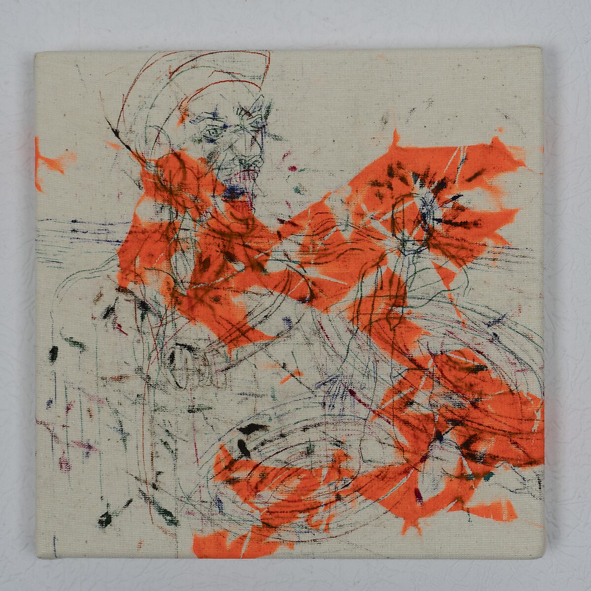 Drawings — Remaining Ink Cloths — drawing where a sketched figure appears among loose line traces and large orange ink prints that partially cover the body.