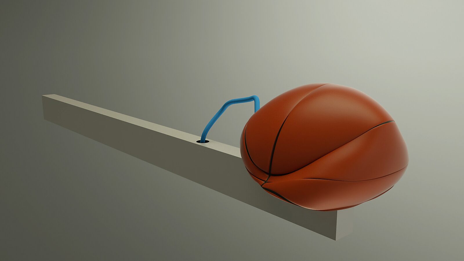 Basketball in Balance — 3D animation videostill: the basketball is slightly compressed by the blue cable and deforms while balancing on the edge of the beam.