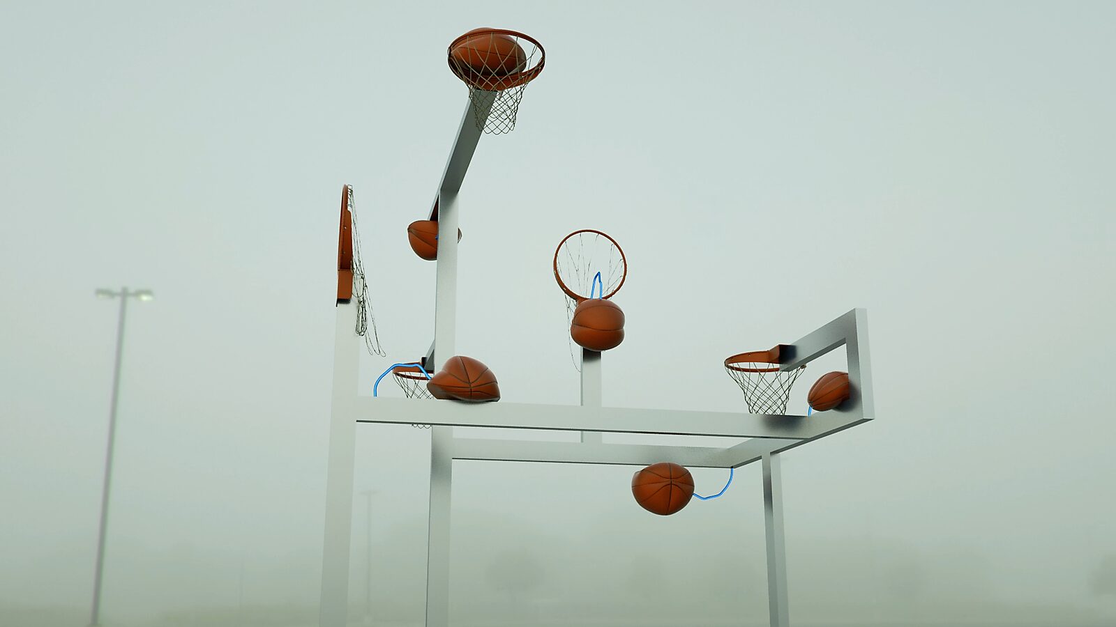 Basketball in Balance — Waiting Shots — 3D animation sculpture videostill: from a lower viewpoint the structure shows multiple levels of hoops and balls, some halfway through the nets, others pressed against the rim.