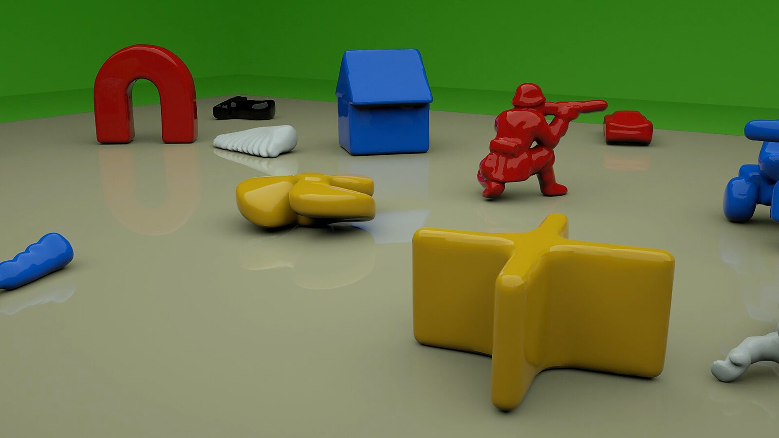 Choose and Change — digital scans of polyester shapes in 3D animation: various colored objects (red, blue, yellow, white) scattered in a virtual space with a green background.
