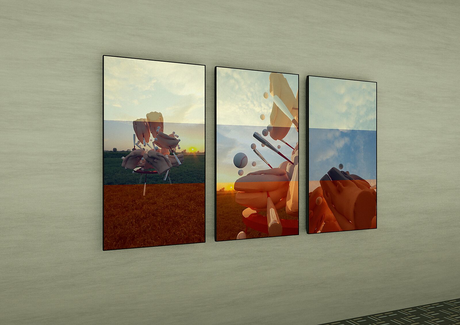 Butt’s, Bats and Balls — conceptual image featuring an overlay of the Russian flag in which identical animation footage acquires a different political and symbolic charge through a shift of context and colour structure.