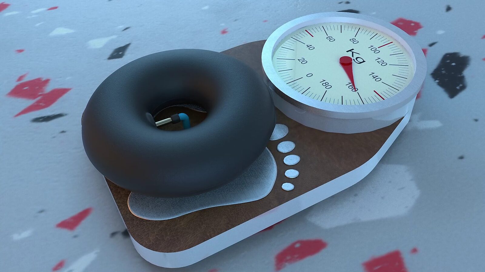 The Weight of Air — videostill from a 3D animation: an inflated air form presses on a bathroom scale causing the dial to shift, a visual depiction of the weight of air.