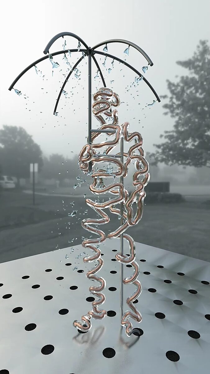 De ijskoude man — videostill uit een 3D-animatie waarin een half transparant lichaam rond een metalen staaf zichtbaar wordt terwijl scherven van ijs of glas rond de figuur zweven.