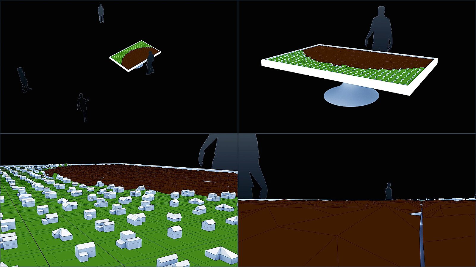 Onwelkome stad — videostill uit een 3D-animatie: naarmate een bezoeker dichterbij komt, verandert een deel van het groene landschap op de tafel in bruine, dorre grond.
