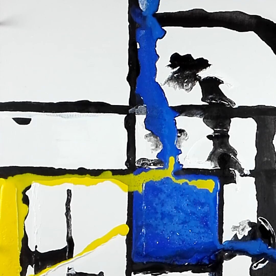 Terug naar de natuur met Piet Mondriaan nr. 1.4 — procesfoto waarin blauwe en gele pigmenten uitlopen langs de rasterlijnen en zich mengen.