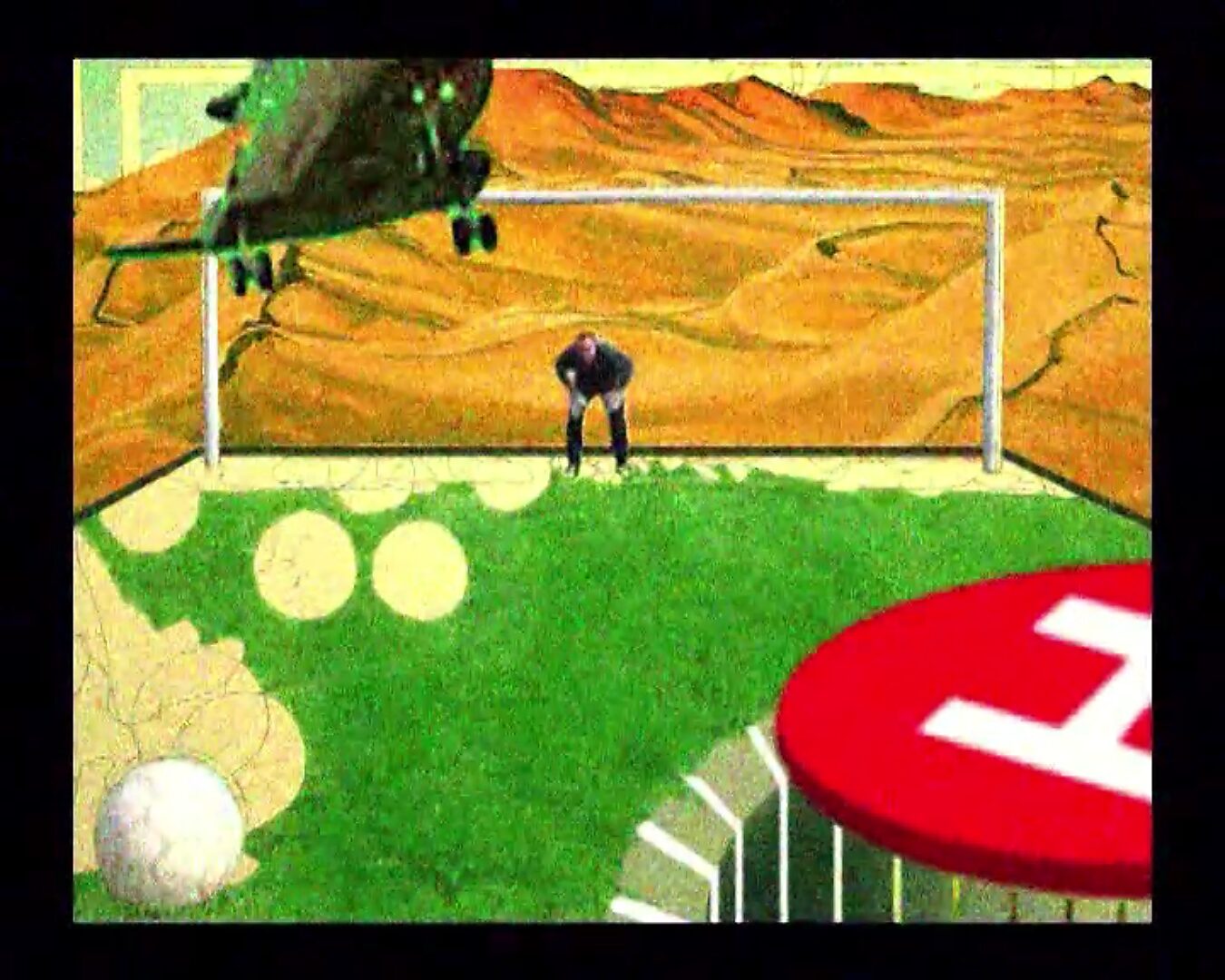 Living Canvas — The Luxury of Replaceable Goalkeepers — video still showing a goalkeeper standing in front of the goal while a helicopter appears above the field.