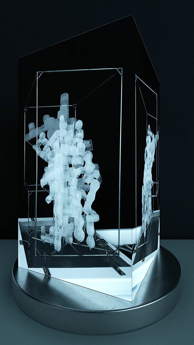 Entropic Sculpture No. 2 — videostill of the melting ice sculpture inside a transparent cube, placed on a rotating platform.