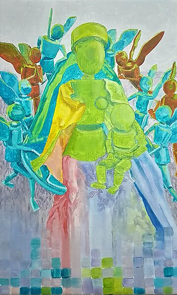 Madonna in flux — oil painting in green and yellow tones where figures are constructed from translucent colour planes, balancing between icon, body and colour field.
