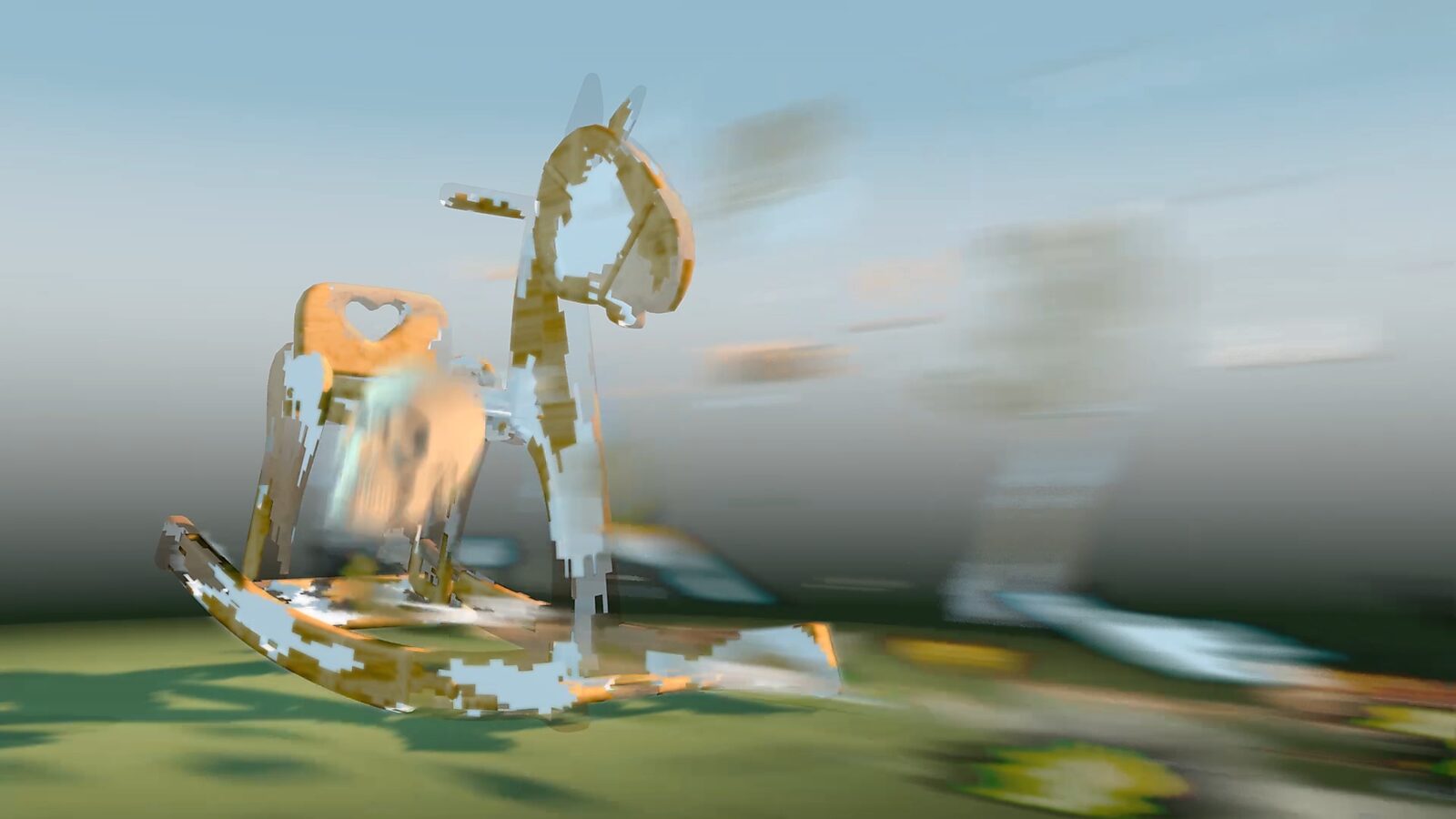 Slow Paintings — Skull and Rocking Horse — video still from a 3D animation in which the rocking horse and skull partially distort through digital motion blur; the landscape stretches into horizontal colour bands suggesting speed and disintegration.
