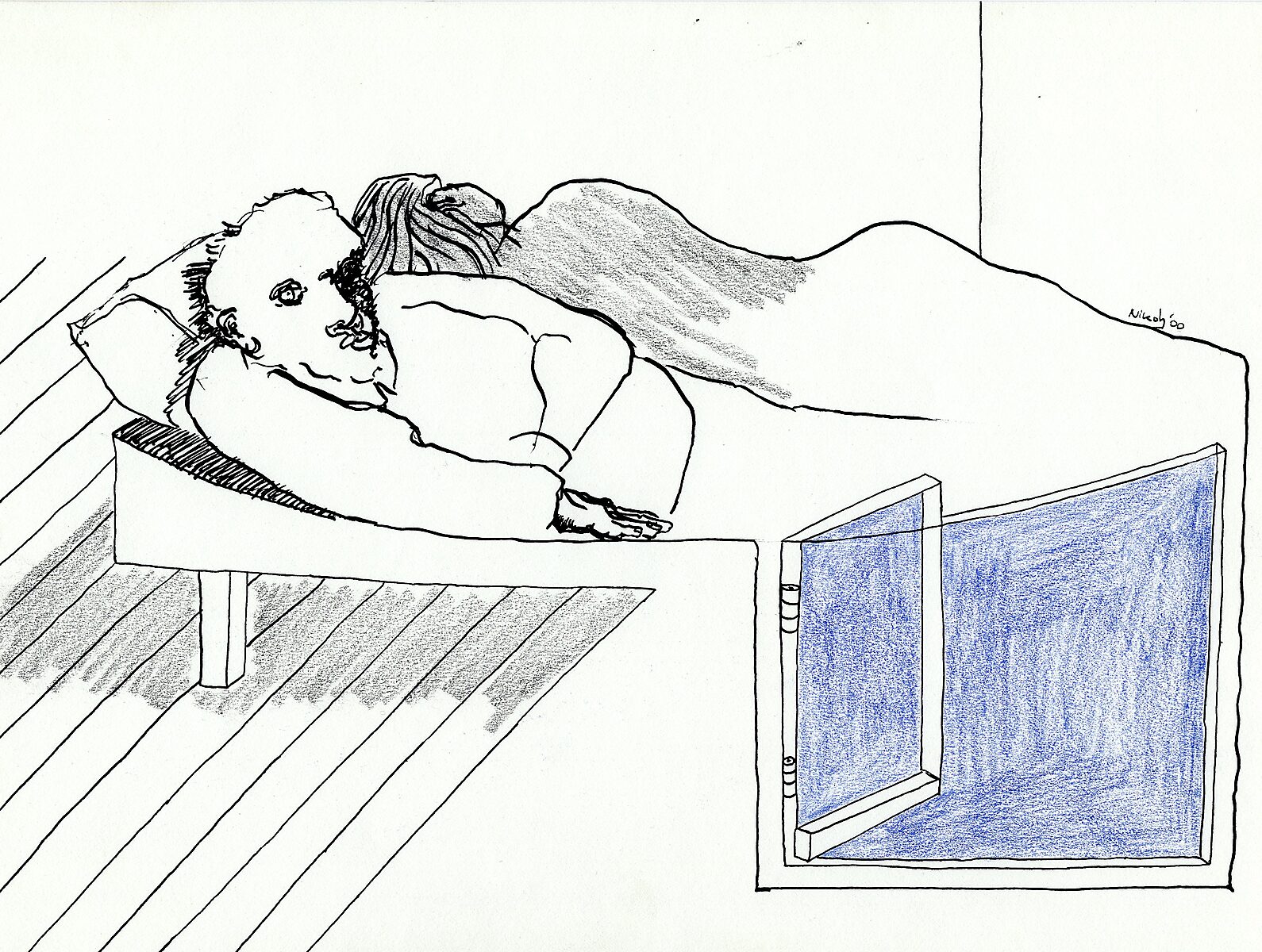 Tekeningen — Jaar 2000 — tekening van een man die in bed ligt onder een deken terwijl hij naar een open raam kijkt; buiten het raam is een blauw vlak zichtbaar.