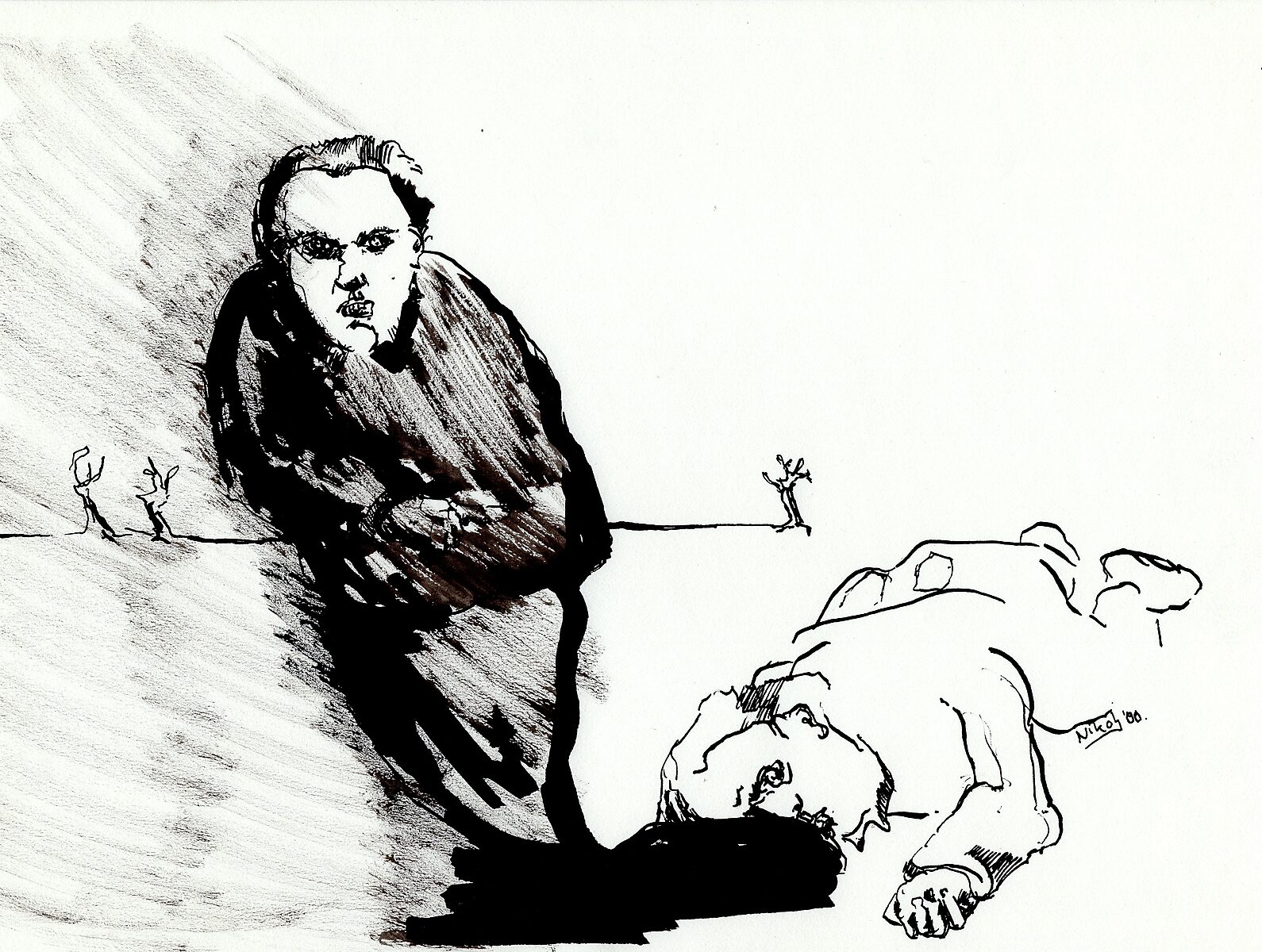 Drawings — Year 2000 — drawing of a figure standing against a slanted surface while another figure lies on the ground; small sketched figures appear in the background.