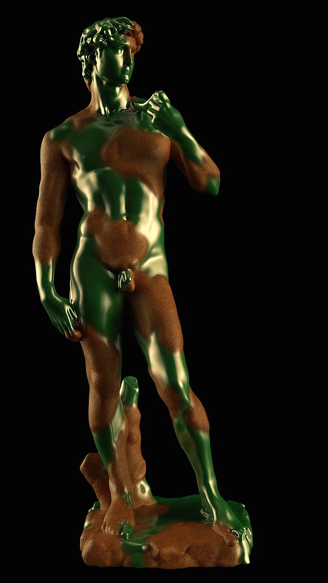 The Infected David — videostill from a 3D animation in which the classical statue of David becomes partially covered by a glossy green layer spreading across its surface.