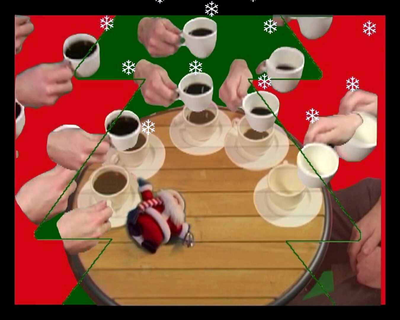 Beweging en verstilling — Een kopje koffie drinken in 180° — videostill waarin groene driehoekige vormen rond de tafel verschijnen terwijl handen met kopjes het tafelblad omringen.